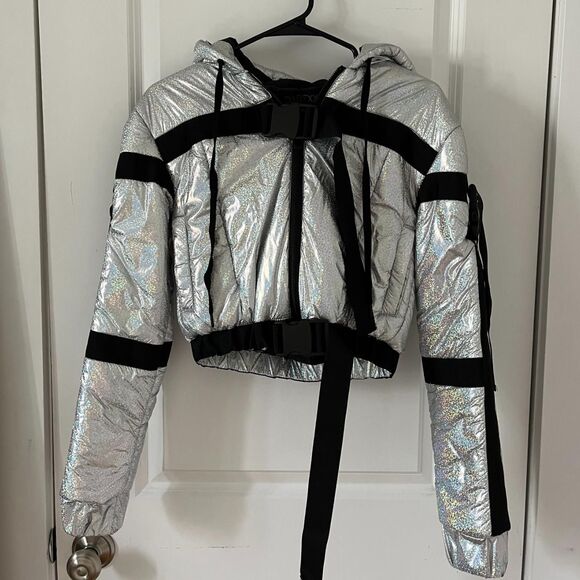 Dolls Kill Space Raid Silver Holographic Cropped Puffer Jacket with Hood (XS) - Picture 2 of 9